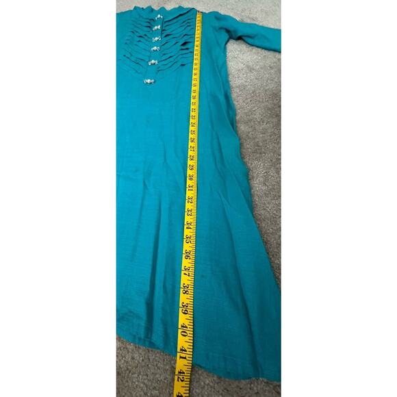 Mid Length Teal Kurta Shalwar Linen Stitched Traditional Women Dress Pant Large - Picture 7 of 16